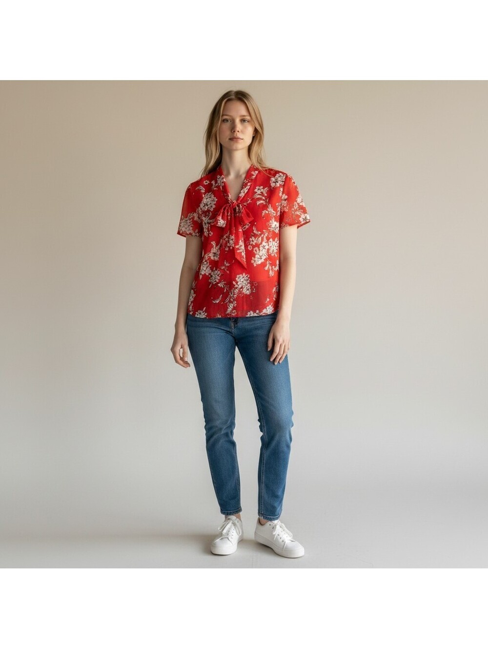 Lemon Tart Blouse Women S Small Red Floral V-Neck Short Sleeve Tasseled Lined